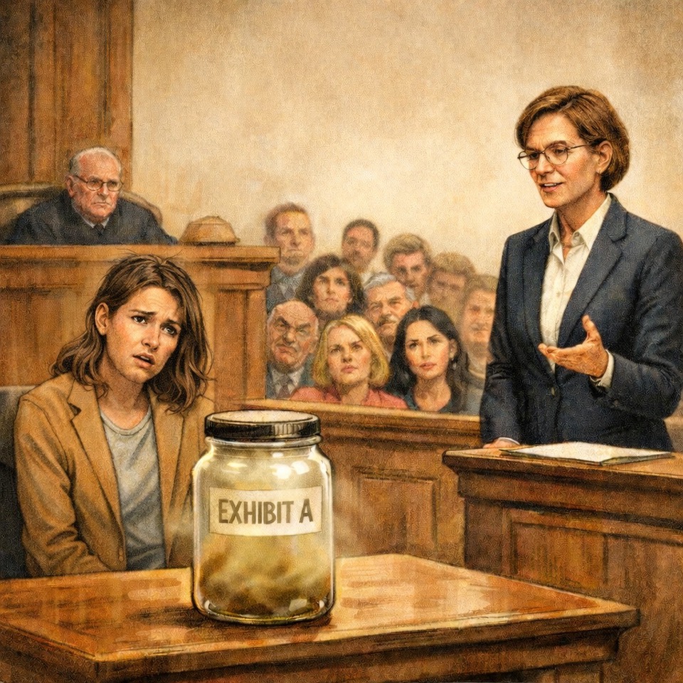 Adult Life cartoon in a courtroom about flatulence