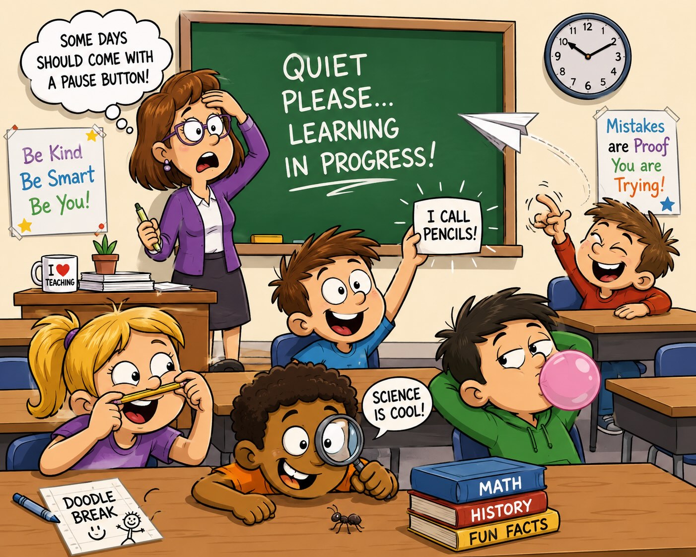 School cartoon with a teacher needing a spare
