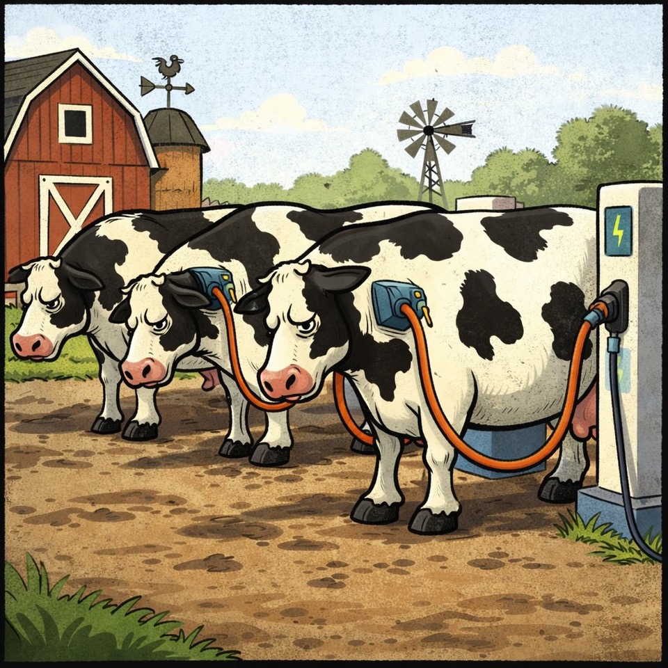 Cow cartoon about green power coming to farming