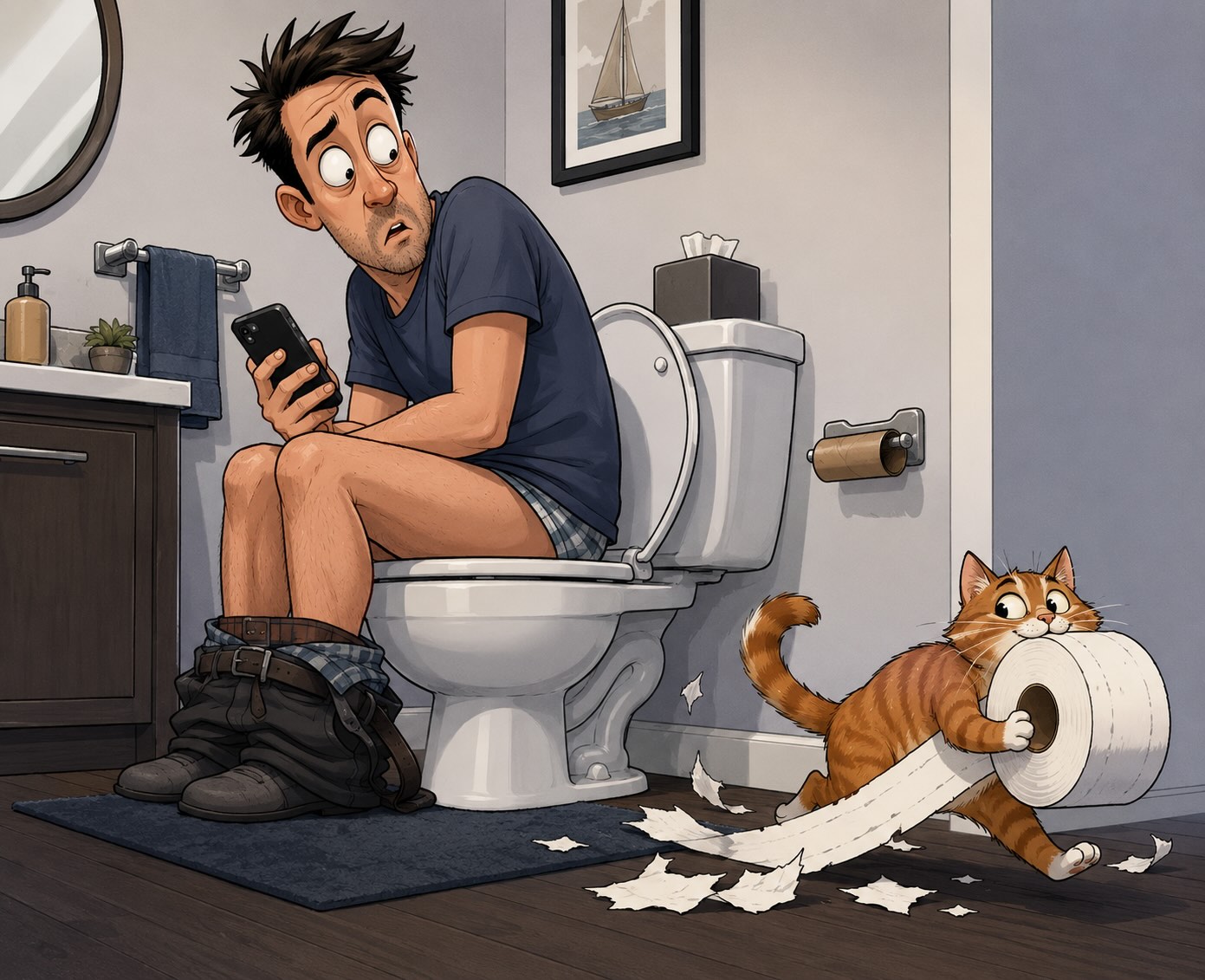 Adult Life cartoon with a cat and toilet roll joke